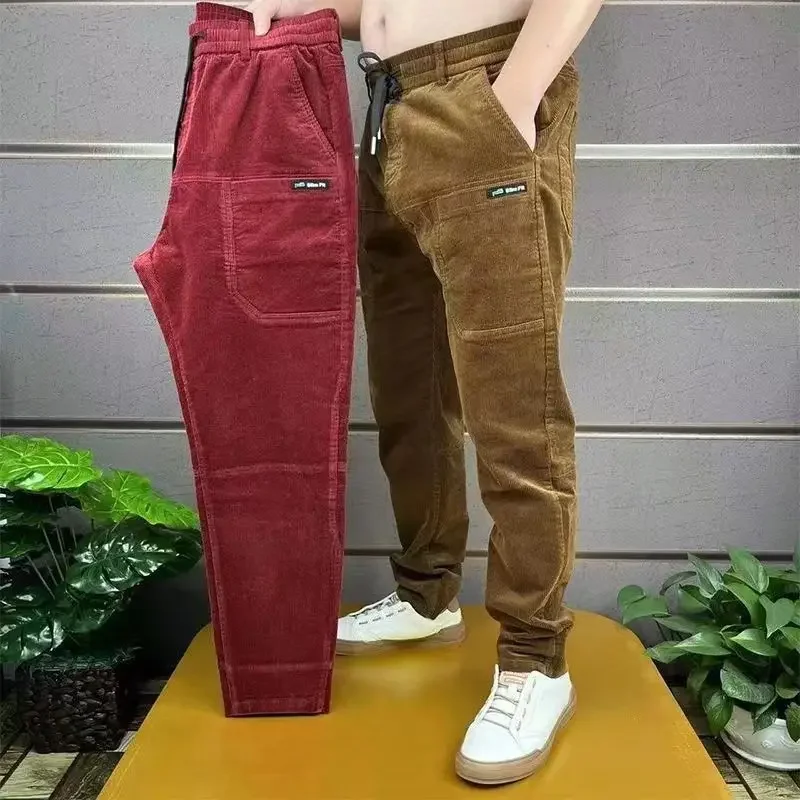 Corduroy Cargo กางเกงผู้ชายหลวมอเมริกัน Retro Casual Elastic ทํางาน Splicing หลายกระเป๋าซี่โครงขากางเกงวิ่ง