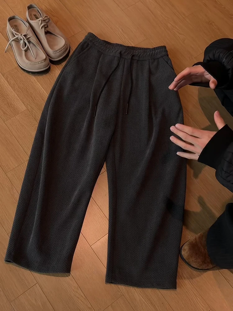 

Deep ey American Sle Plaid Fce Lined Casual Pants Men's High Waist Wide Leg Loose BF Lazy Sle Autumn Winter Leisure ...