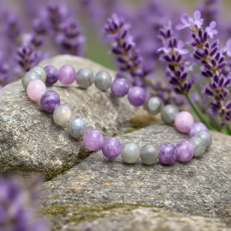 Natürliches Labradorit-Perlenarmband für Männer und Frauen, heilender Kristallschmuck, elastischer Stretch-Edelstein, minimalistischer Lepidolit-Akzent, Geschenk