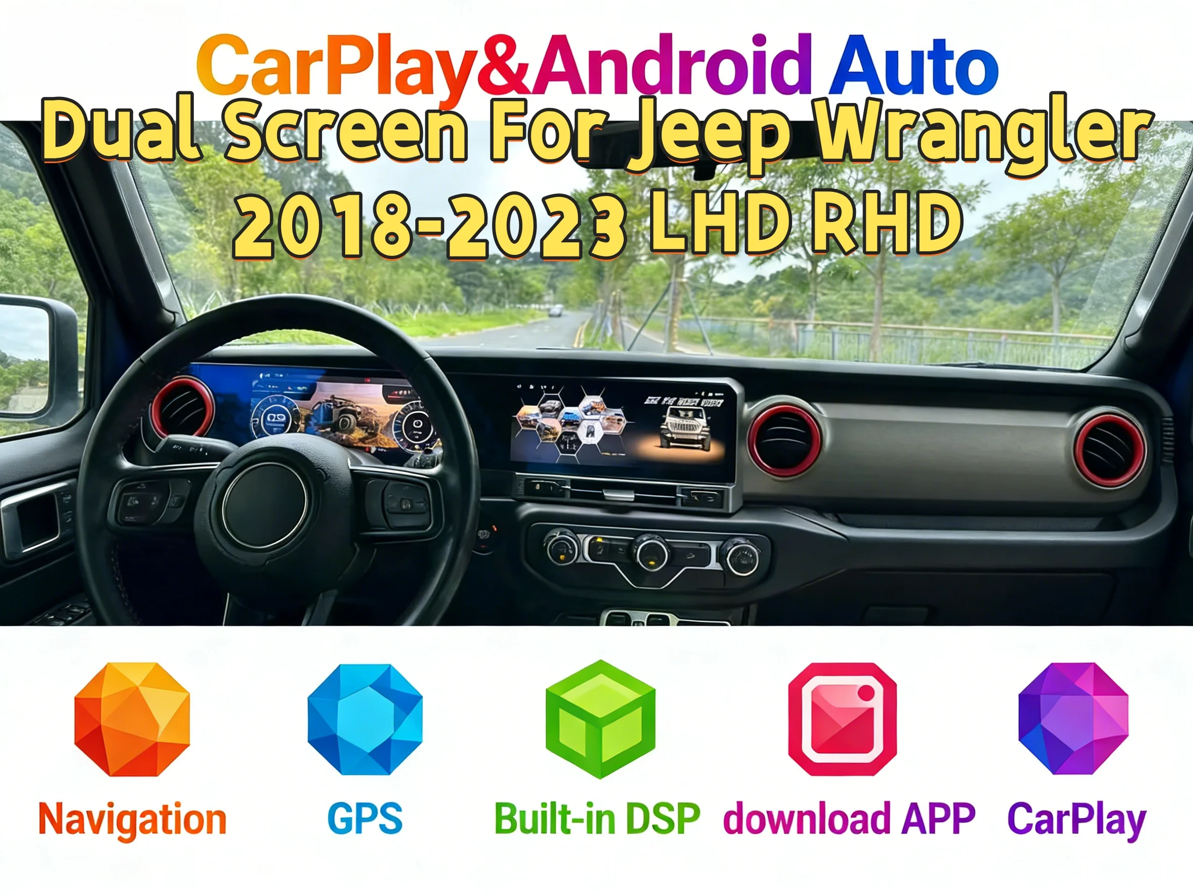 Autoradio Wireless CarPlay Multimedia Video Player  For Jeep Wrangler 2018-2023 Android GPS Navi 4G Bluetooth Head