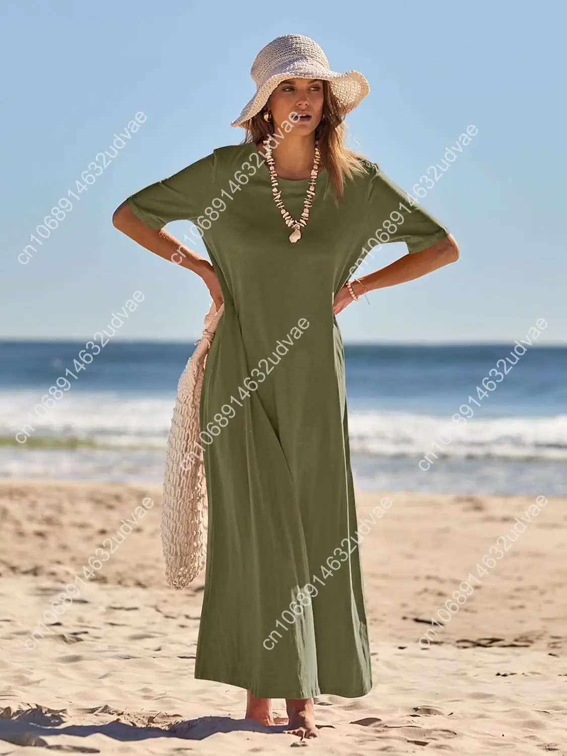 ผู้หญิง 2025 ฤดูใบไม้ผลิฤดูร้อนชุดแม็กซี่ลําลองชายหาดแขนสั้นคอกลมแขนสั้นพื้นฐานชุดเสื้อยืดยาว