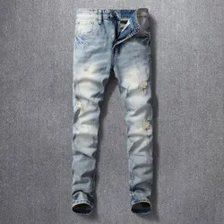 Jeans rasgado de ajuste fino elástico azul claro masculino, moda de rua alta, designer de bordados, calça jeans vintage