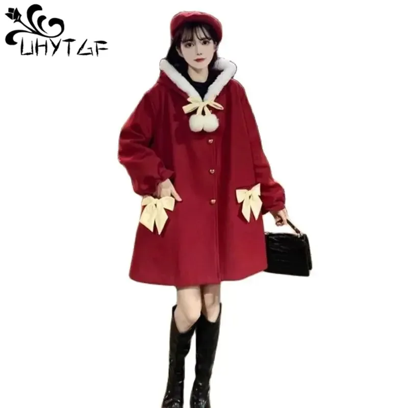 

Red Blend Woolen Coat Women 2023 New Japanese Soft Hooded Autumn Winter Jacket Female Mid-Length Cute Girl Elegant Outewear 532