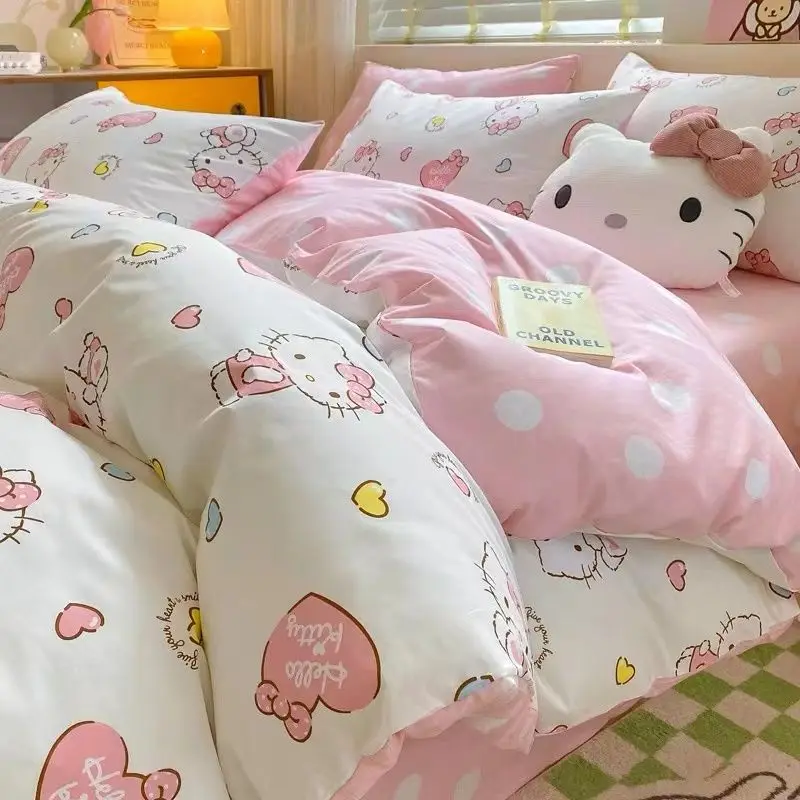 Sanrio Hello Kitty Duvet Cover Bedding Products Cartoon Bed Sheet Pillow Case Winter Thickening for Women Girl Adults Kids Gift