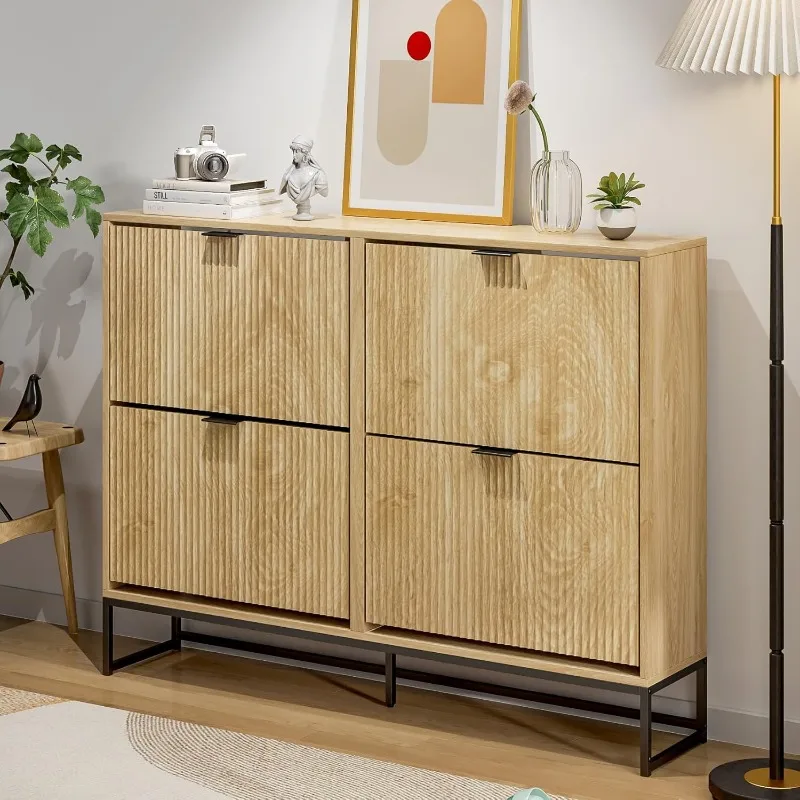 

Shoe Cabinet Storage for Entryway Slim Modern Shoe Rack Cabinet with 4 Flip Drawers Tipping Wooden Narrow Shoe Cabinet