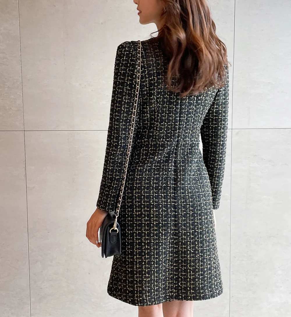 Women\'s High Quality Spring Autumn Slim Fit Long Sleeved Thick Tweed Fragrant Chic Dress