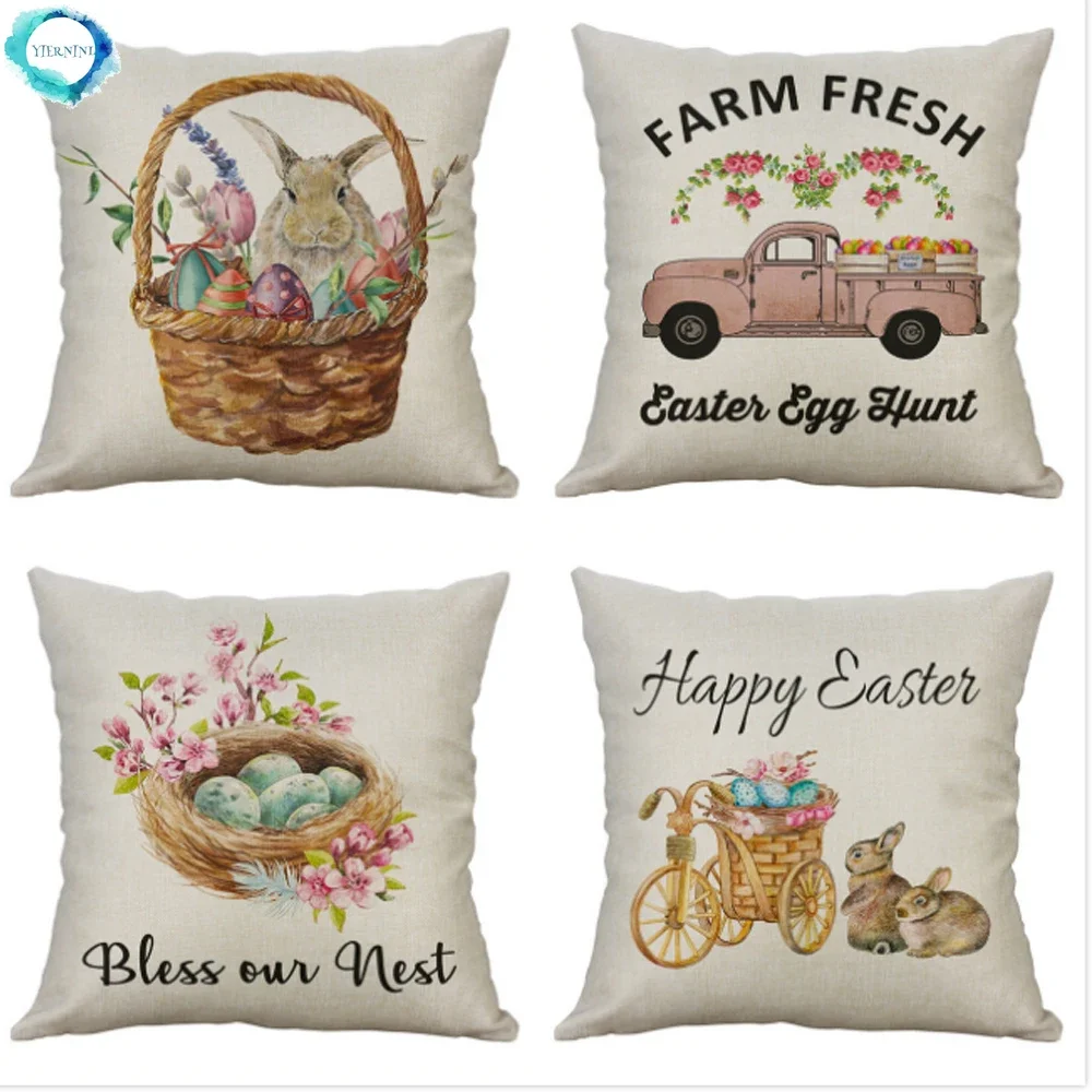 Easter Egg Hunt Festival Cushion Cover Cotton Linen Decorative Pillow Cover Pillowcase for Car Seat Sofa Home Decoration 45X45CM