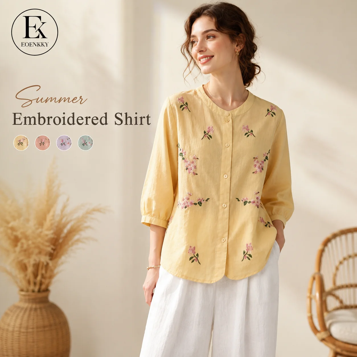 EOENKKY Women’s Floral Embroidered Cotton Blend Blouse Summer Loose Fit 3/4 Sleeve Button Front Vintage Boho Shirt