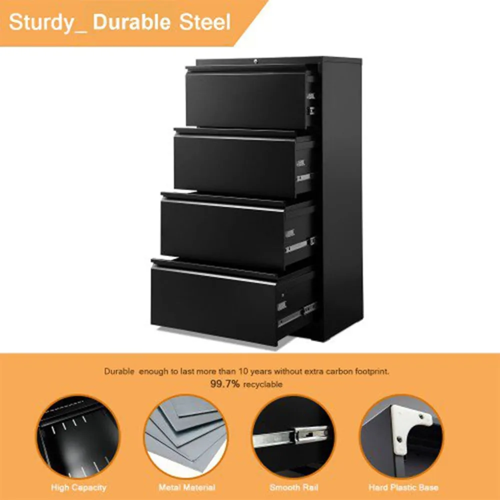 4-drawer transverse steel document organizer cabinet with locking system and adjustable rails for letter/legal size paper