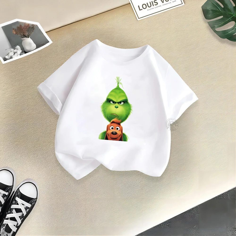 Disney Summer Comfort 100% Cotton Naughty Boys Girls T-shirt Grinch Creative Print Street Y2K Casual Cotton Boys Girls Top