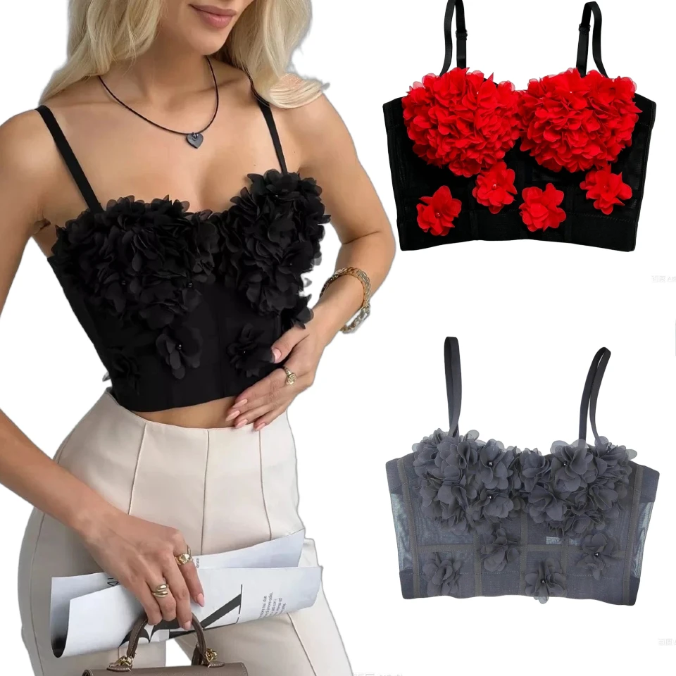 

Women's Camis 3D Chiffon Flower Embellished Spaghetti Strap Camisole Sleeveless Vest Casual Party Summer Top Fashion Streetwear