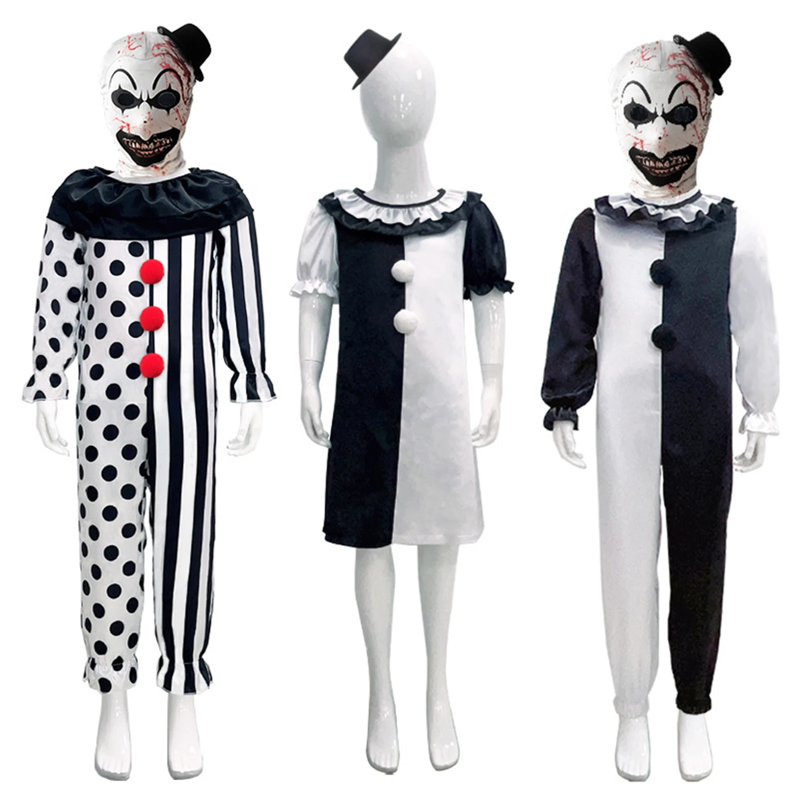 

Kids Clown Cosplay Costume Jumpsuit White and Black Uniform Child Role Play Outfit Full Suit Jester Halloween Party Outfit