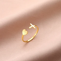 Sipuris Love Heart Open Rings For Women Stainless Steel Trendy Jesus Cross Gold Color Jewelry Valentine's Day Gifts