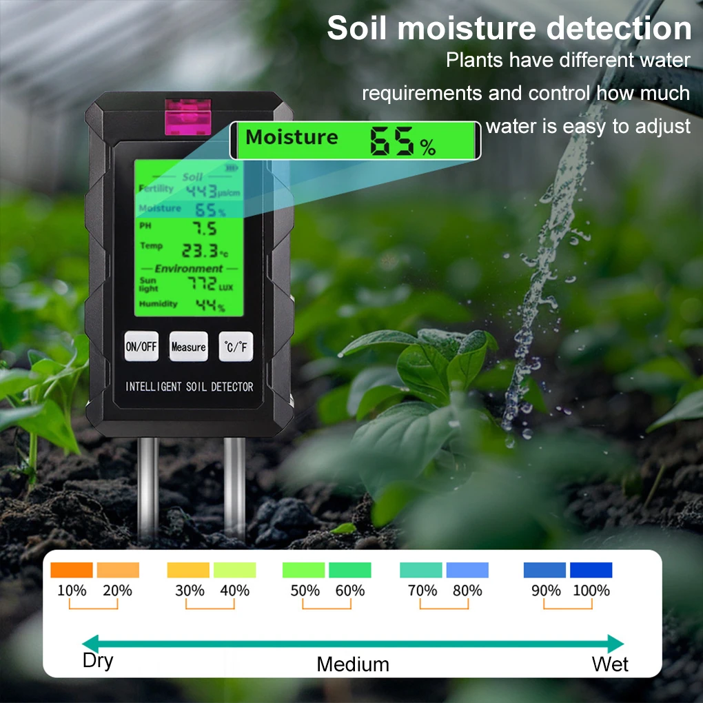 6 in 1 Digital Soil Detector Soil Tester pH Temperature Humidity Sunlight Air Moisture Nutrient Fertility Meter Gardening Tool