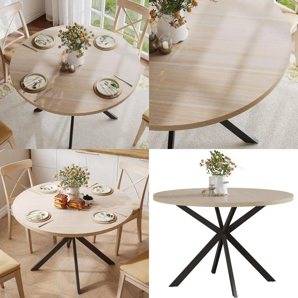 

Natural Oak 47.2 Round Dining Table - 4 Seater Wooden Kitchen Table for Dining Room
