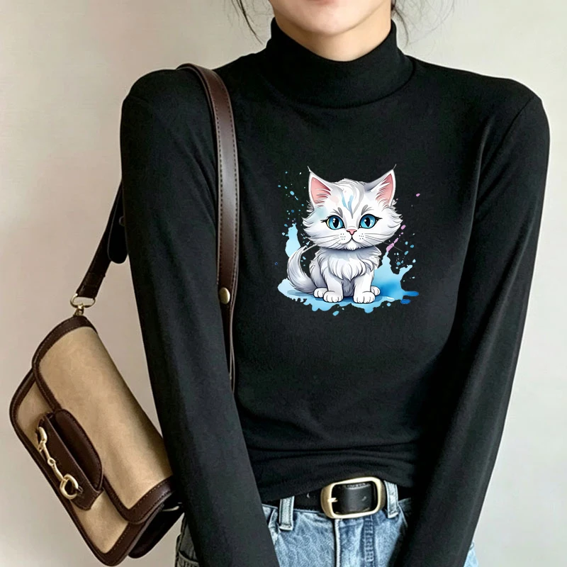 Winter Women's Thermal Brushed Fleece Half Mock Neck Long Sleeve T Shirt White Fluffy Cat Blue Splash Graphic Warm Tee