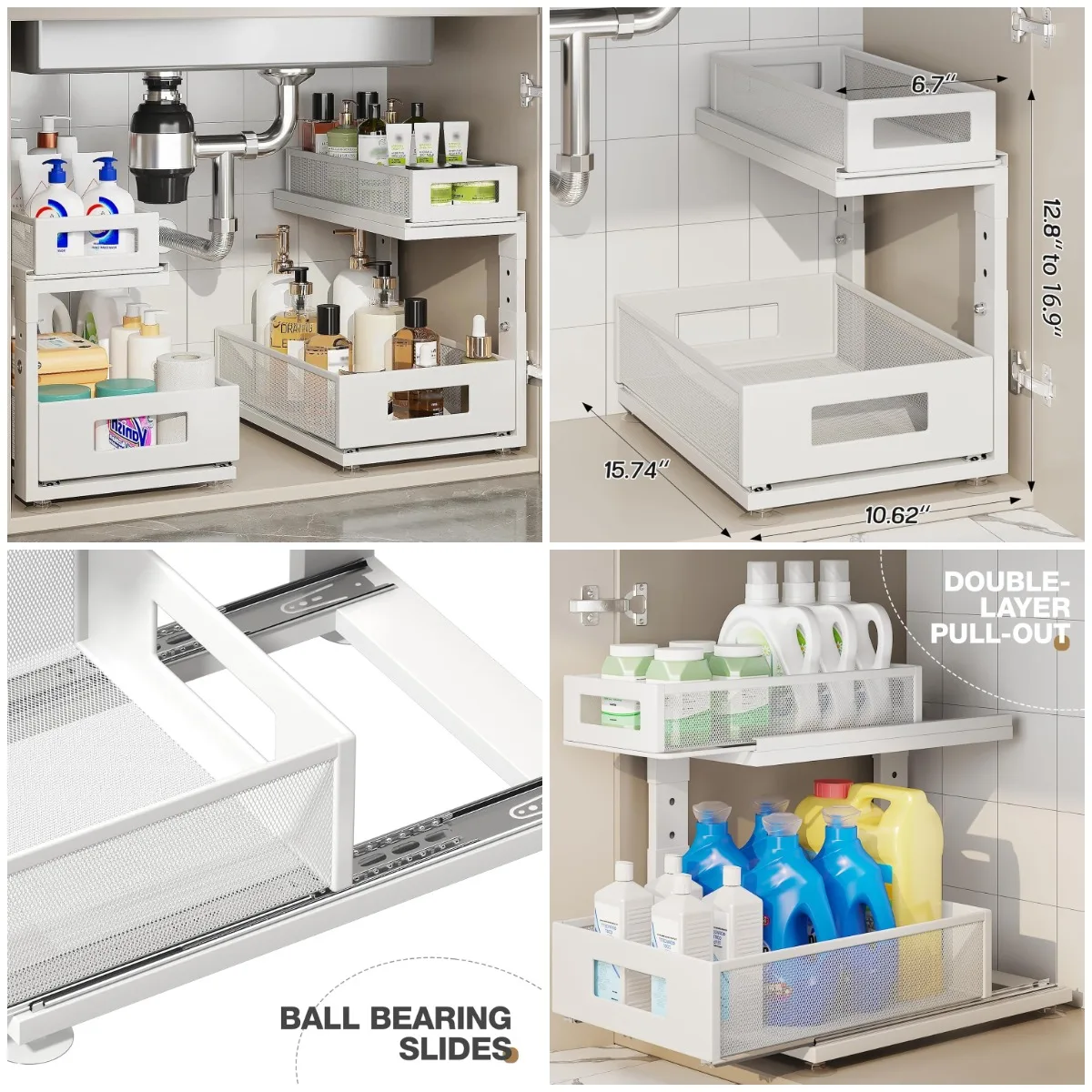 

2-Pack Under-Sink Organizer with Ball-Bearing Slides, Adjustable 2-Tier Pull-Out Shelf for Kitchen, Bathroom, Laundry, Pantry