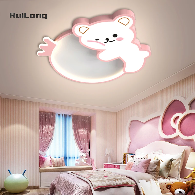 Kawaii Teddy Bear Ceiling Lamp Kids Room Crown Chandelier Baby Nursery Girls Bedroom Decor Pink Cute Animal Led Ceiling Lights