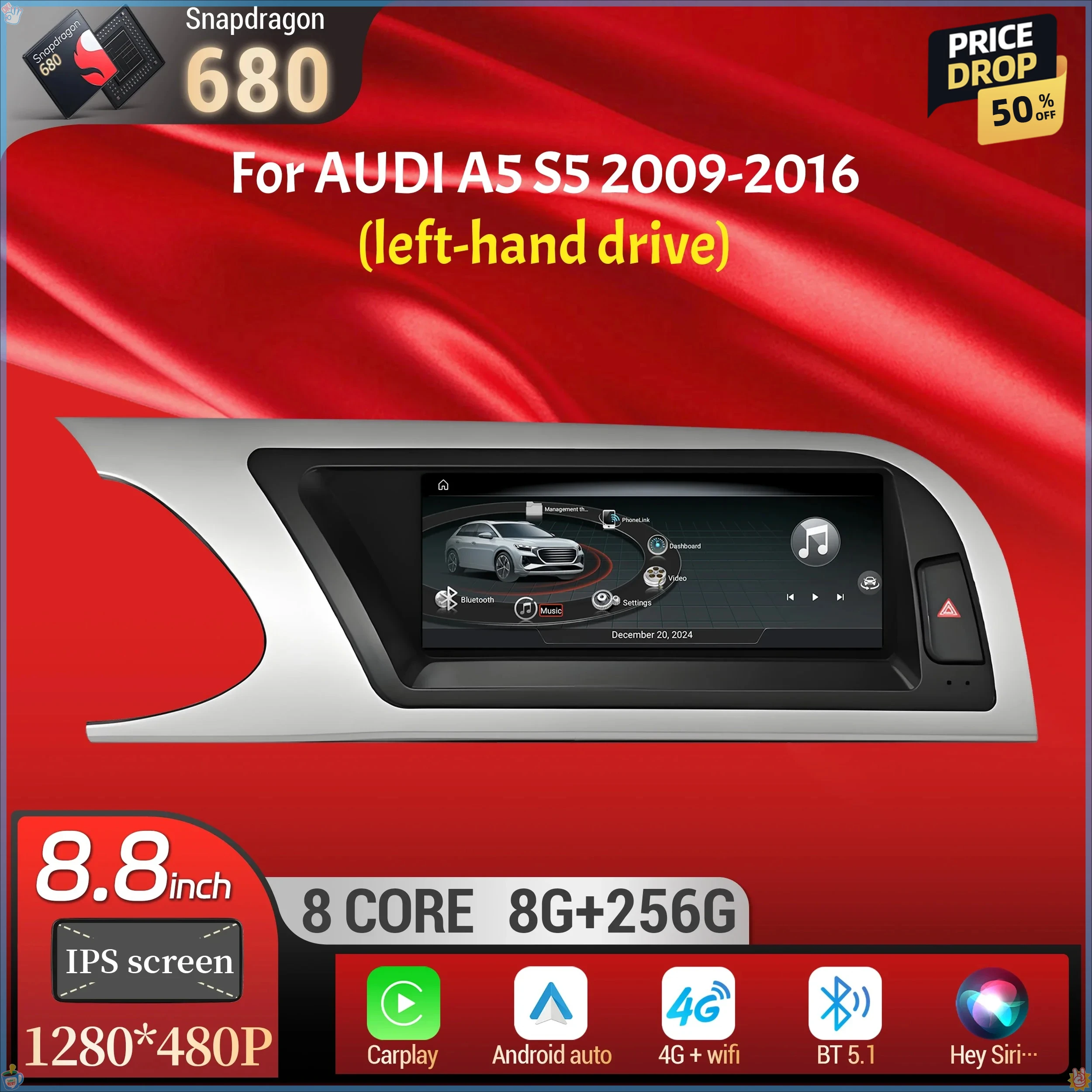8.8 inch For Audi A5 S5 2009-2016 Left Hand Drive Android 14 4G Wireless Bluetooth Carplay Qualcomm Snapdragon 680 Screen Stereo