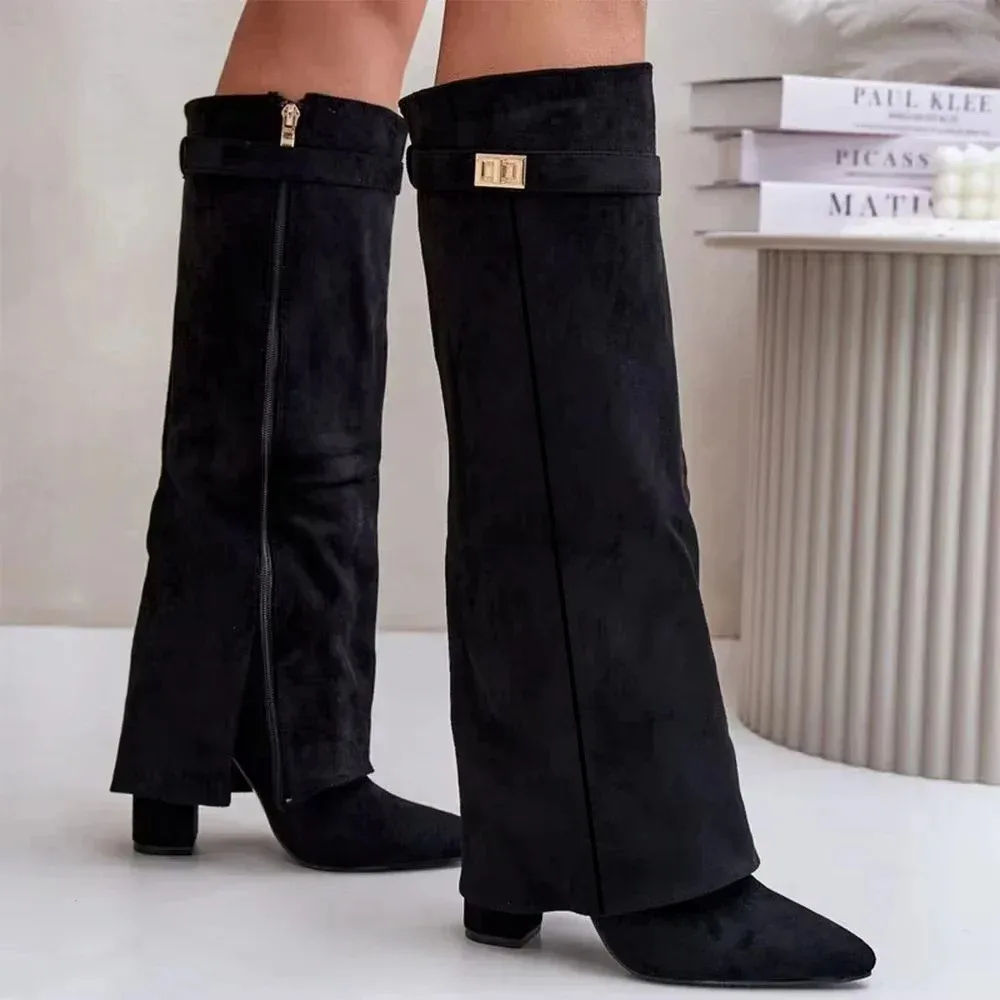 Ladies' Autumn and Winter New Pointed Knee High Women's Boots, Thick High-heeled Long Pants Boots, Fashionable Mid Rise Boots