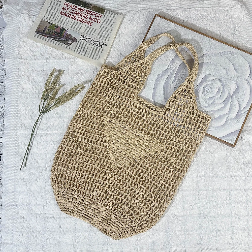 Paper Woven Tote Bag Handmade Summer Beach Handbag 2024 Casual Hollow Straw Women Shoulder Bag Designer Letter Handbag