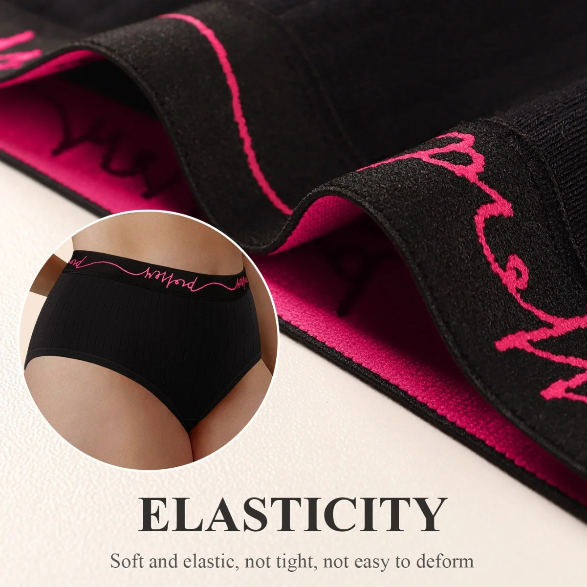 Calcinha boyshort plus size para mulheres, textura canelada roxa, roupa íntima confortável com cintura preta com letras, design elegante
