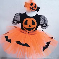 Children's Cosplay Witch Costumes Baby Girls Halloween Puff Sleeved Pumpkin Bat Print Mesh Dress Kids Performance Clothes 1-5T