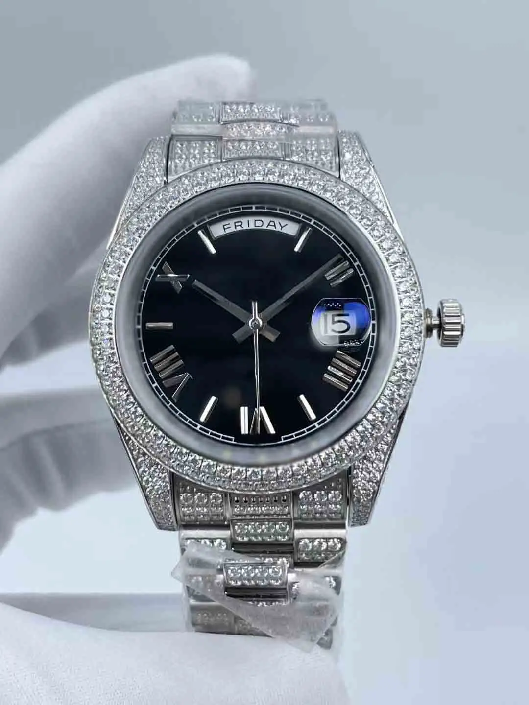 Men's Watch - Full Diamond Roman Face, 41mm Dial, Calendar Window, Waterproof