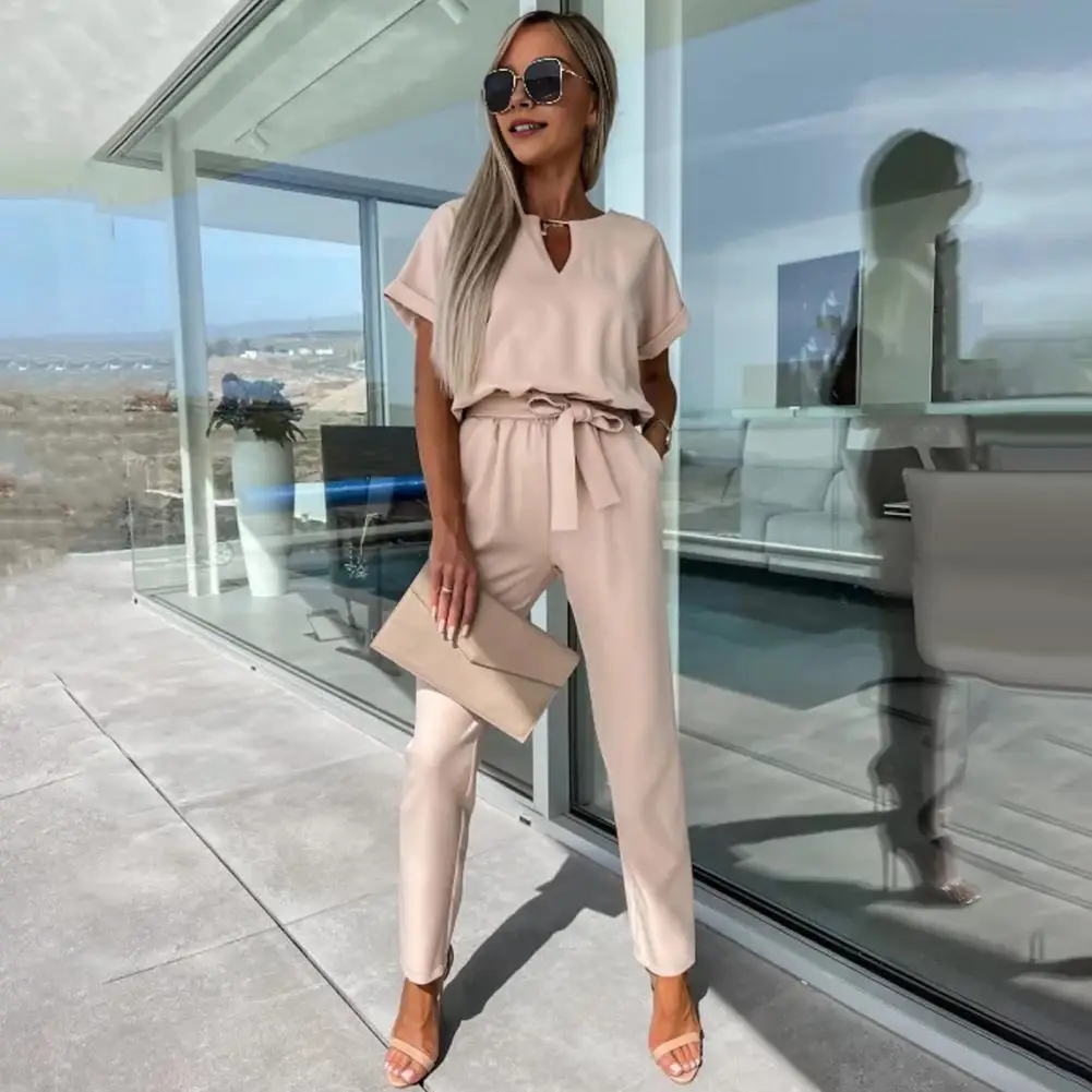 Women Jumpsuit Elegant V-neck Lace-up Jumpsuit with Slim Waist Pleated Side Pockets for Ol Commute Chic Style Casual Jumpsuit