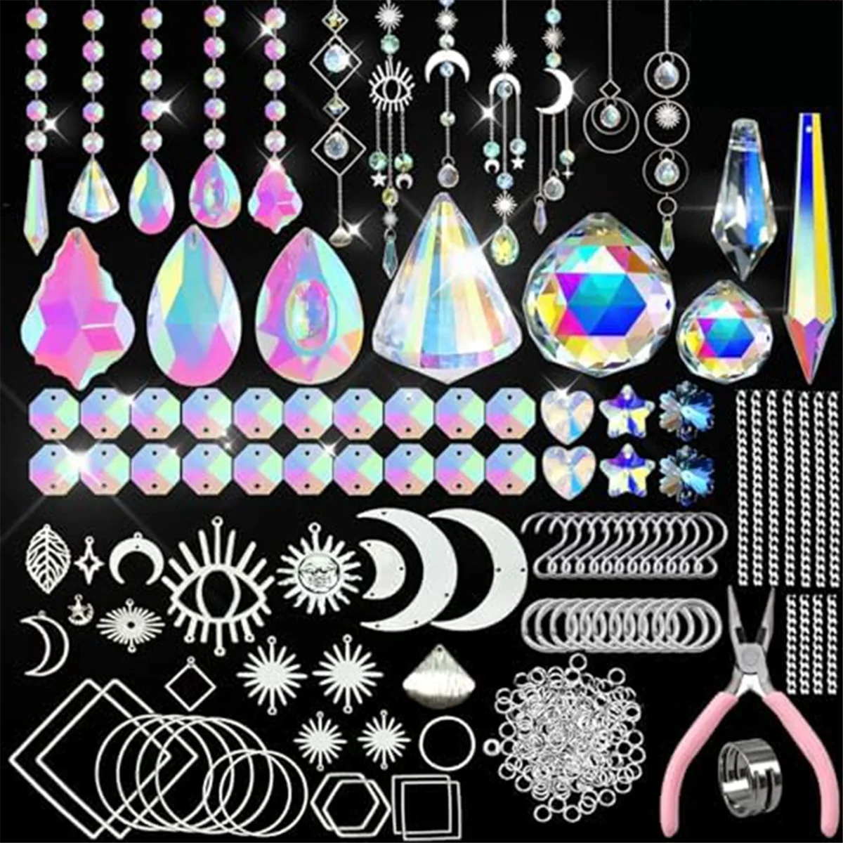 370 Pcs Crystal Suncatcher Kits Hanging Chandelier Crystals Prisms Parts Rainbow Maker Pendants DIY Sun Catchers Beads