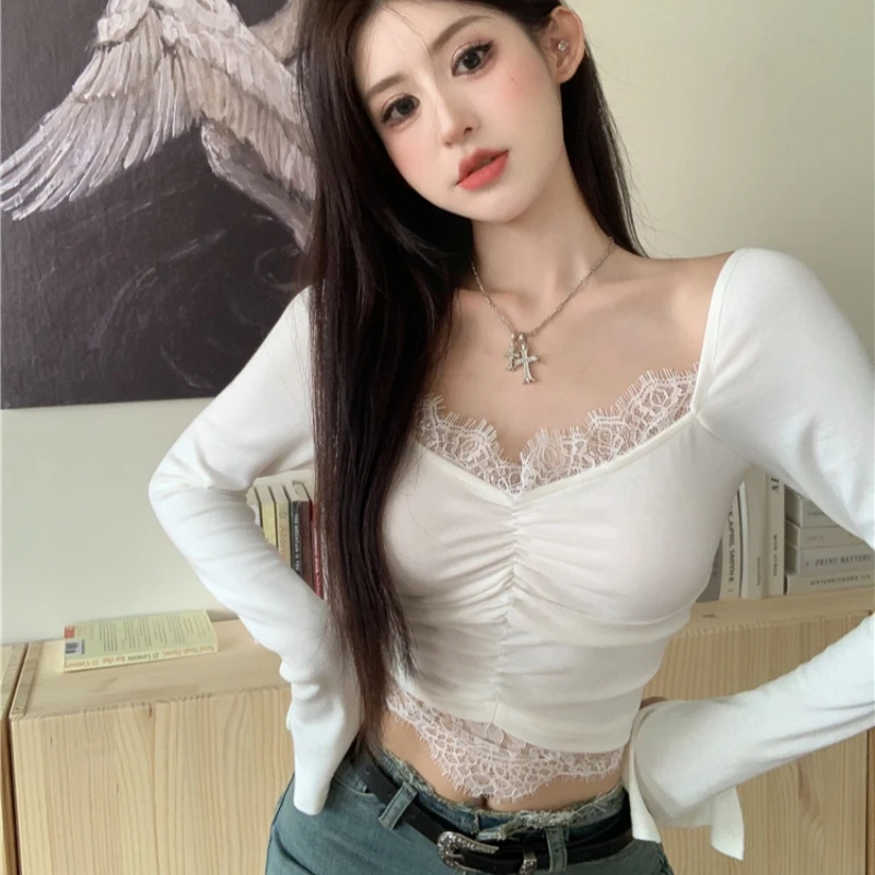 2024 Autumn New V-neck Lace Long Sleeve Shirt Sexy Slim-fitting Elastic  Top Women Cropped Tops Party Club