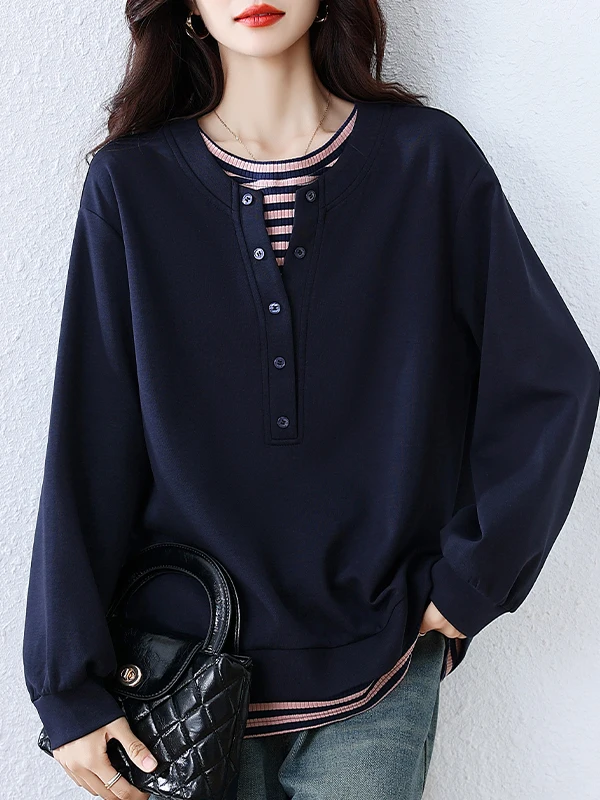 

Faionable Striped Patchwork Loose Fit Long Sve round Ne Casual Versatile Sweatirt Top for plus Size Women