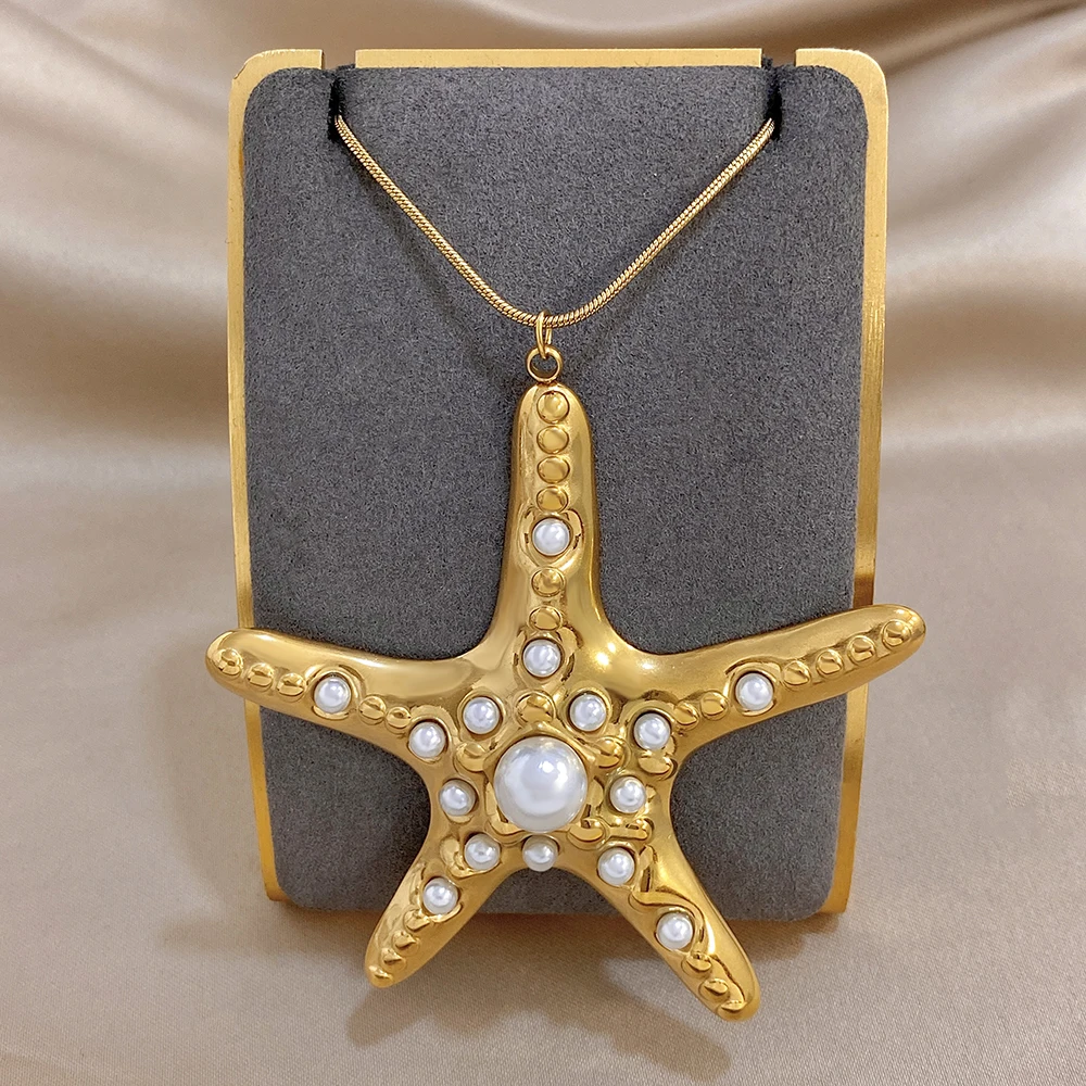 Chic Pearls Starfish Pendant Necklace for Women Trendy Gold Plated Stainless Steel Snake Chain Necklaces Waterproof Jewelry