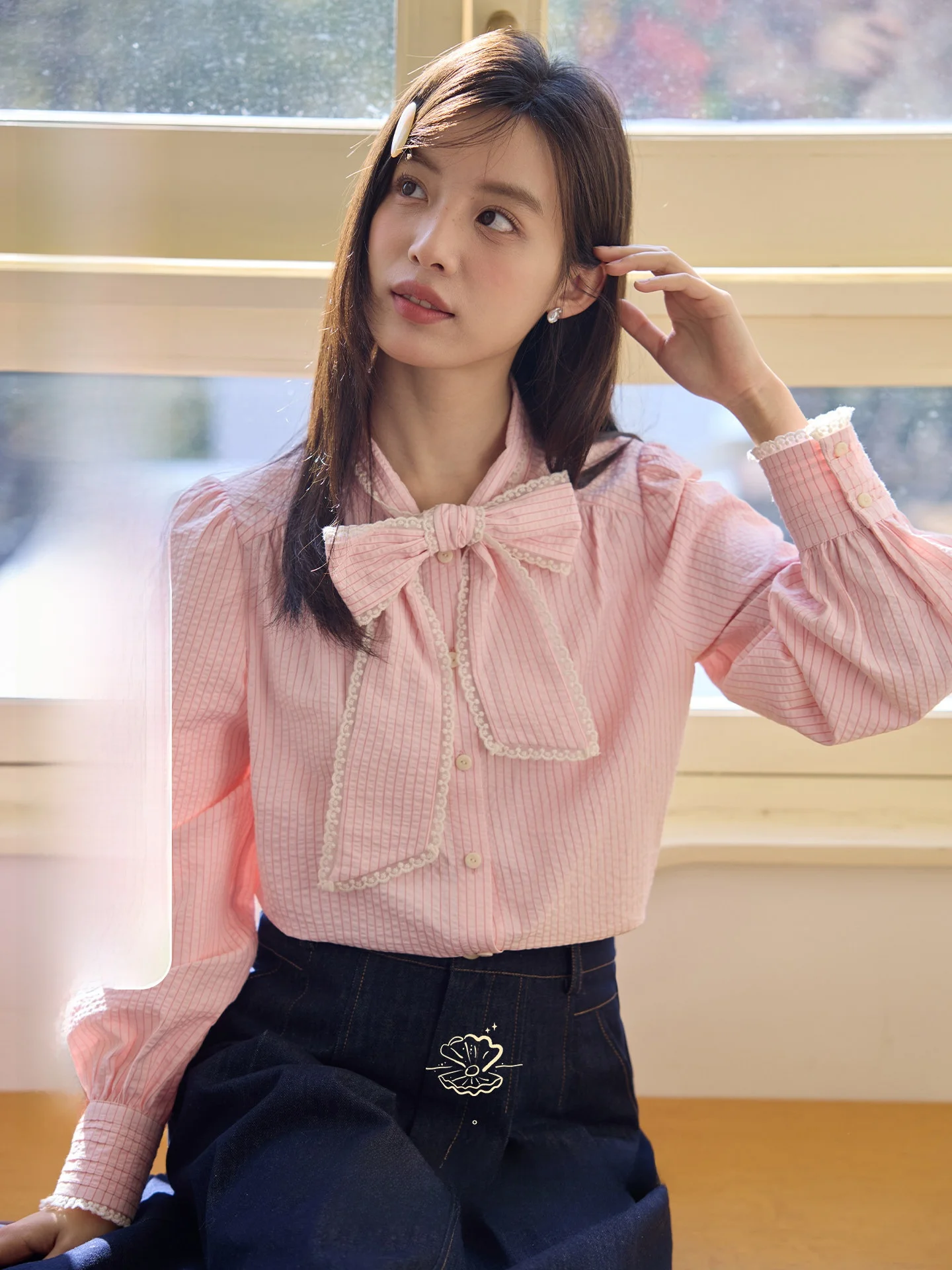 

Nov Et Knot irt Women's New Sle Floating Collar Floral Striped Cotton Long Sve Loose Fit French Sle