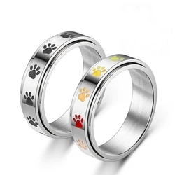 Fashion Jewelry Stainless Steel Colorful Dog Footprint Titanium Steel Ring Stainless Steel Rotate Spinner Dog Cat Paw Style Ring