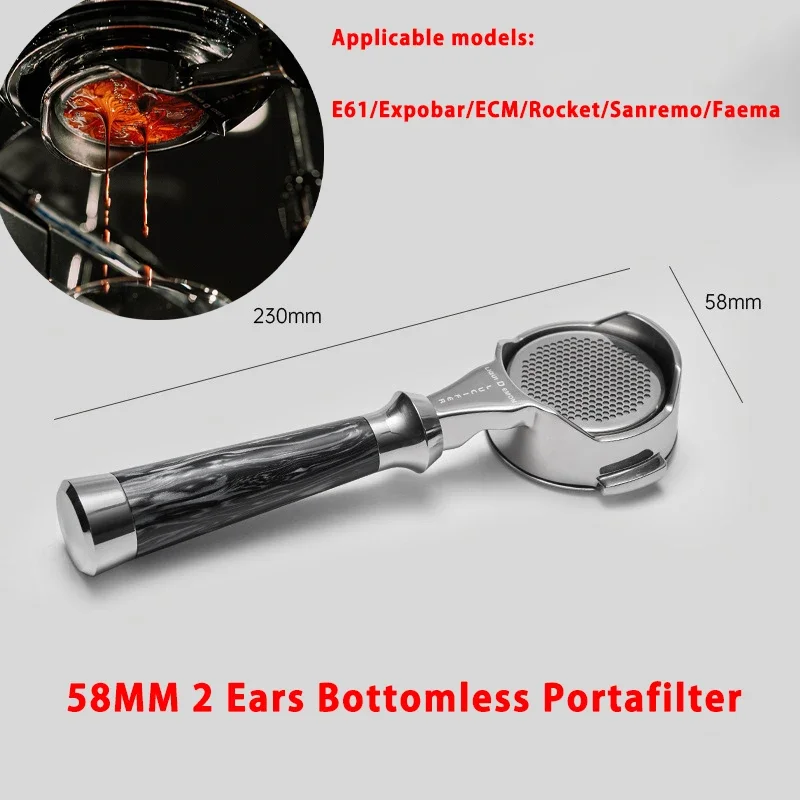 58mm 2 Ears Bottomless Hollow Coffee Portafilter E61/Expobar/ECM/Rocket/Sanremo/Faema Stainless Steel Espresso Portafilter Tool