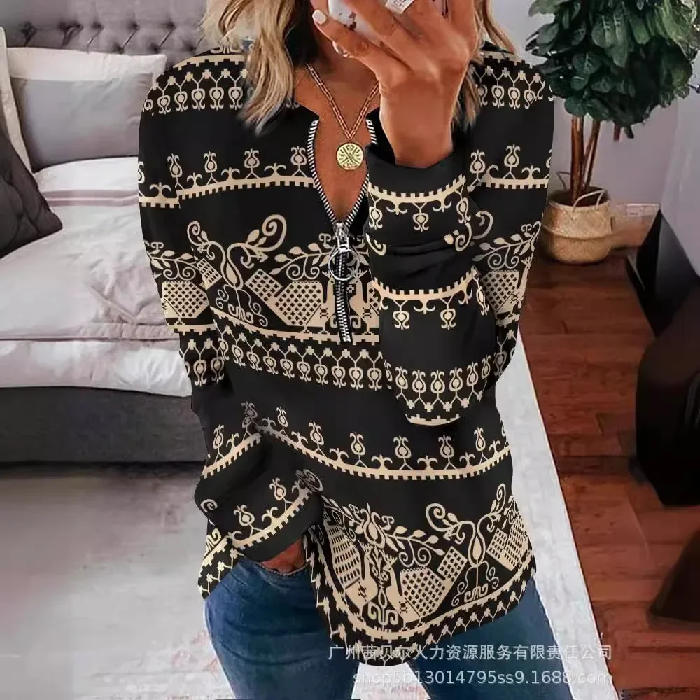 Women Autumn Winter Pullover Blouse Zippers Plaid Color V Neck Long Sleeve Casual Fashion Comfortable Regular Standard Fit Shirt