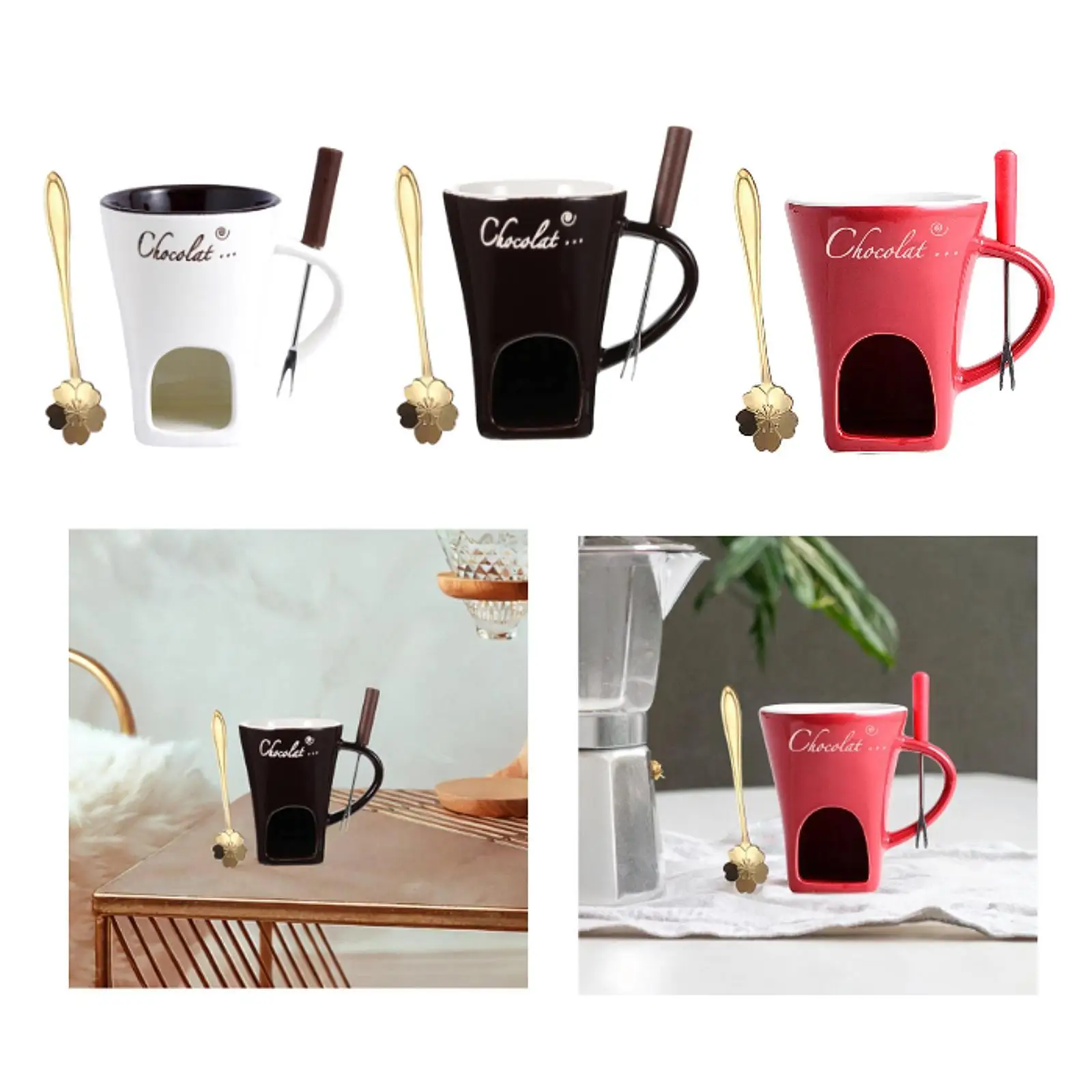 Chocolate Fondue Mug with Fork and Spoon Cheese Melting Broth Butter Heater Chocolate Melting Cup with Fork Fondue Warmer Mug