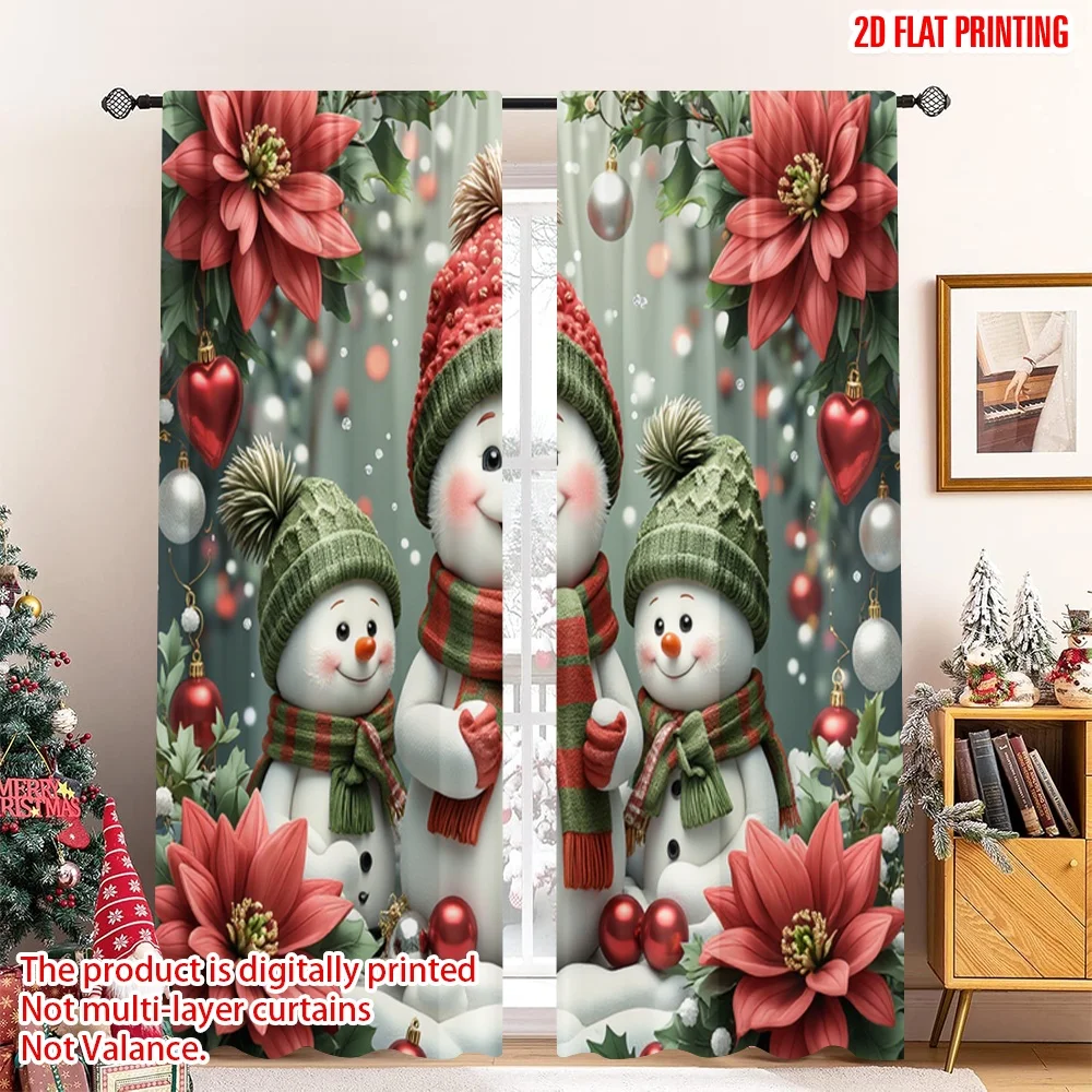 

2pcs 2D flat printing Merry Christmas Popular Drapes Cute Snowman Family Christmas Poinsettia Polyester Without Electricity