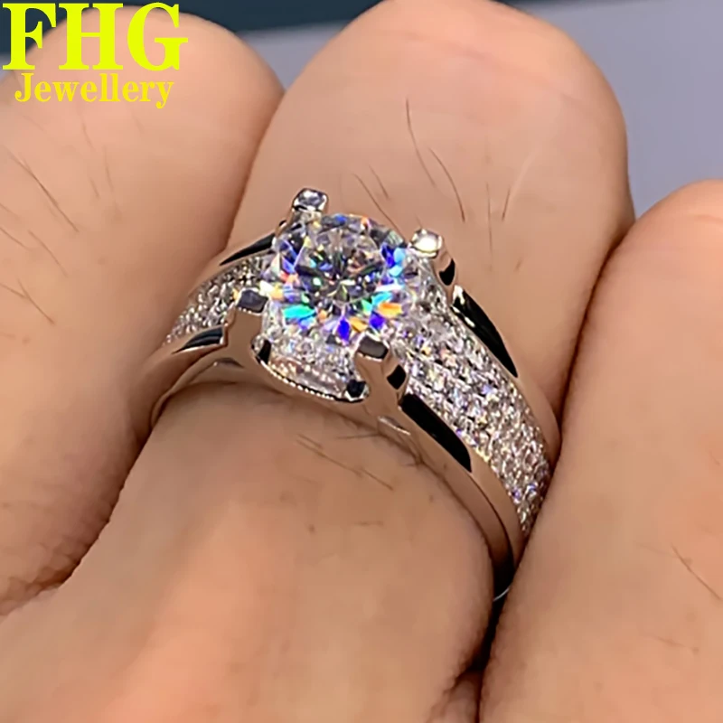 

Solid 9K Au375 White Gold Men Ring DVVS1 Moissanite Diamonds 2Carat Round Wedding Party Engagement Anniversary Ring