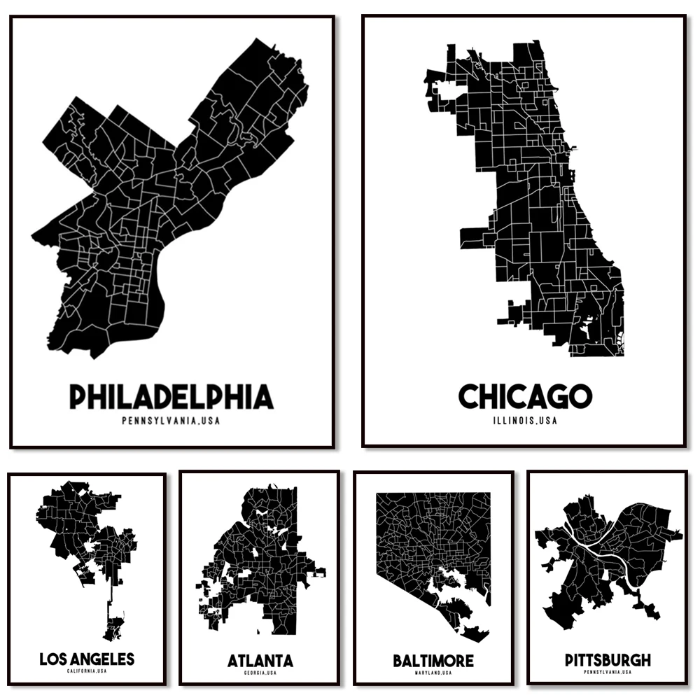 

Philadelphia Neighborhood, New York City, Chicago, Atlanta Neighborhood Map Poster Canvas Print Home Wall Decor