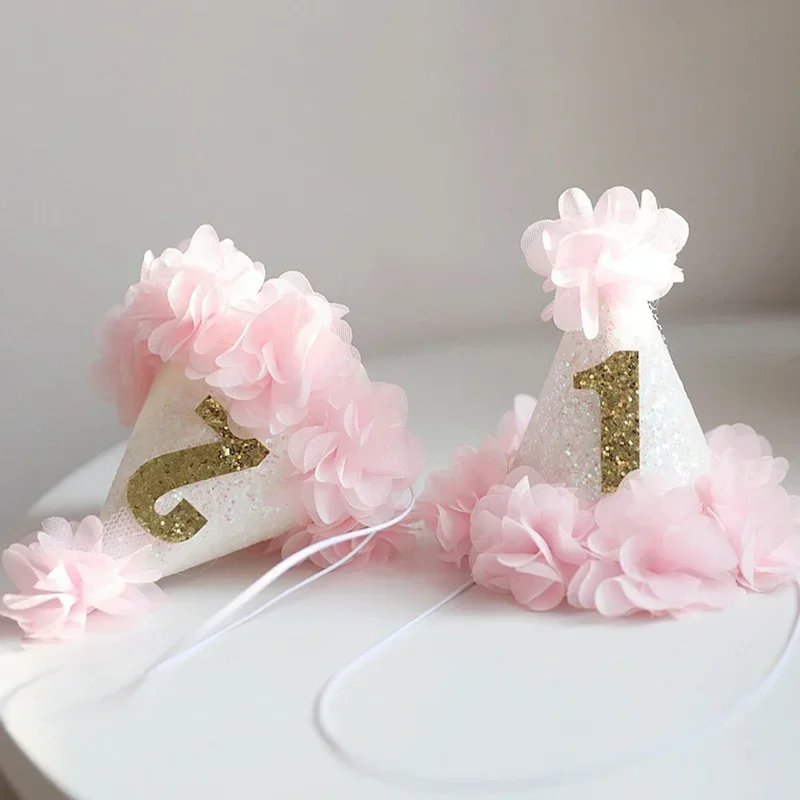 1 2 3 Years Old Birthday Hat Pink Flower Princess Hats Baby Girls Mini Headband Baby Shower Happy Birthday Party Decoration Cap