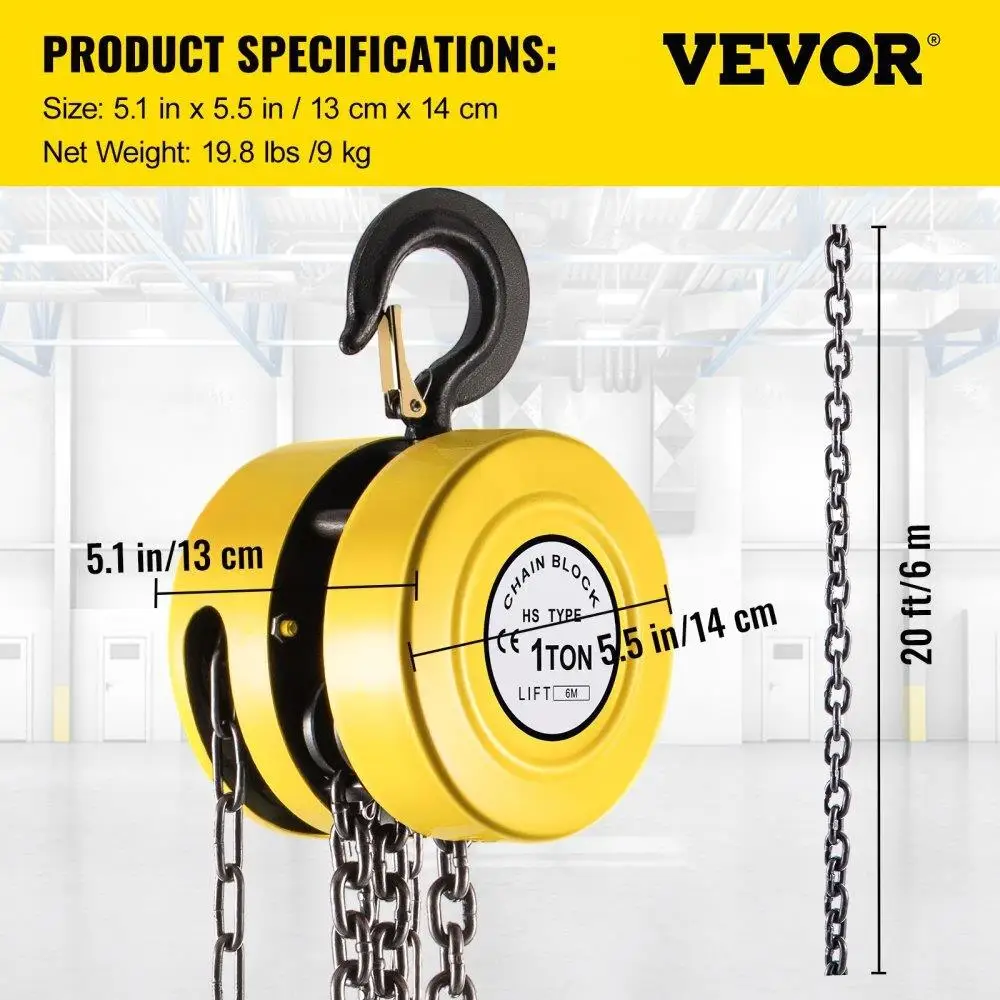 Hand Chain Hoist, 2200 lbs /1 Ton Capacity Chain Block, 20ft/6m Lift Manual Hand Chain Block, Manual Hoist w/Industrial-Grade