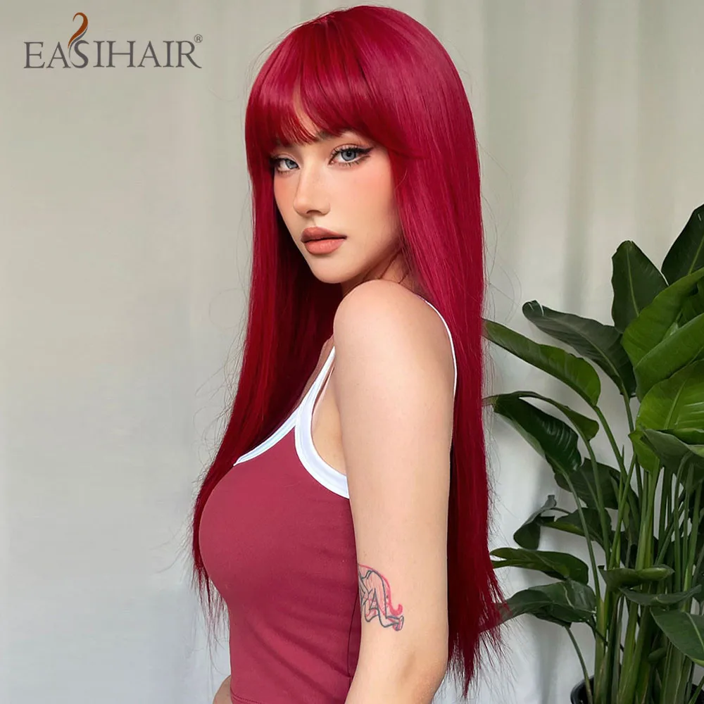 Eashihair – perruque synthétique longue et lisse avec frange, rouge bordeaux et marron, pour femmes, résistante à la chaleur