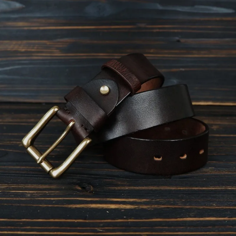 Retro Style Handmade Pure Top Layer Cowhide Men's Work Pants Casual Trend Versatile Belts Brass Buckle Genuine Leather Belt