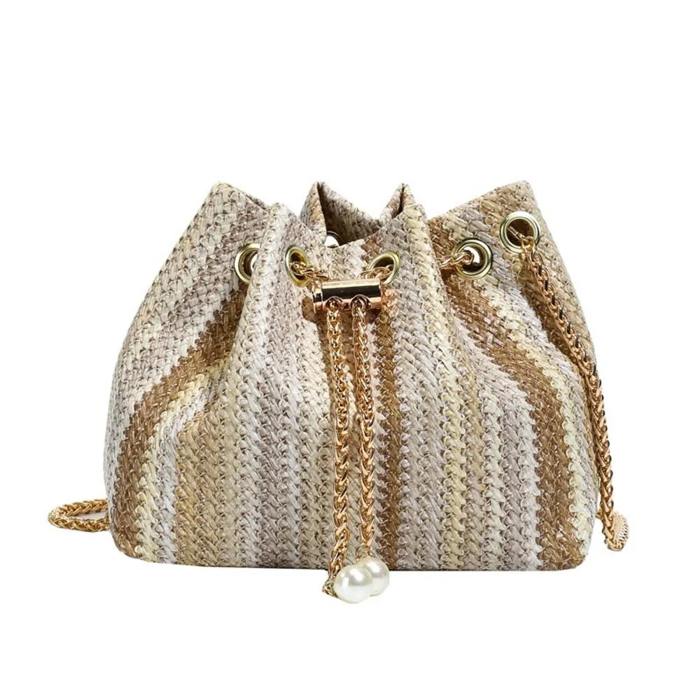 Large Capacity Straw Woven Shoulder Pouch Rainbow Color Strips Anti-splash Water Drawstring Chain Bucket Bag Polyester