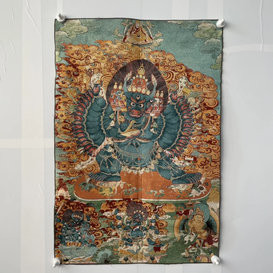 

35"Thangka Embroidery Tibetan Buddhism silk embroidery Yamantaka Bull Head Yamāntaka Happy Buddha Thangka hanging screen