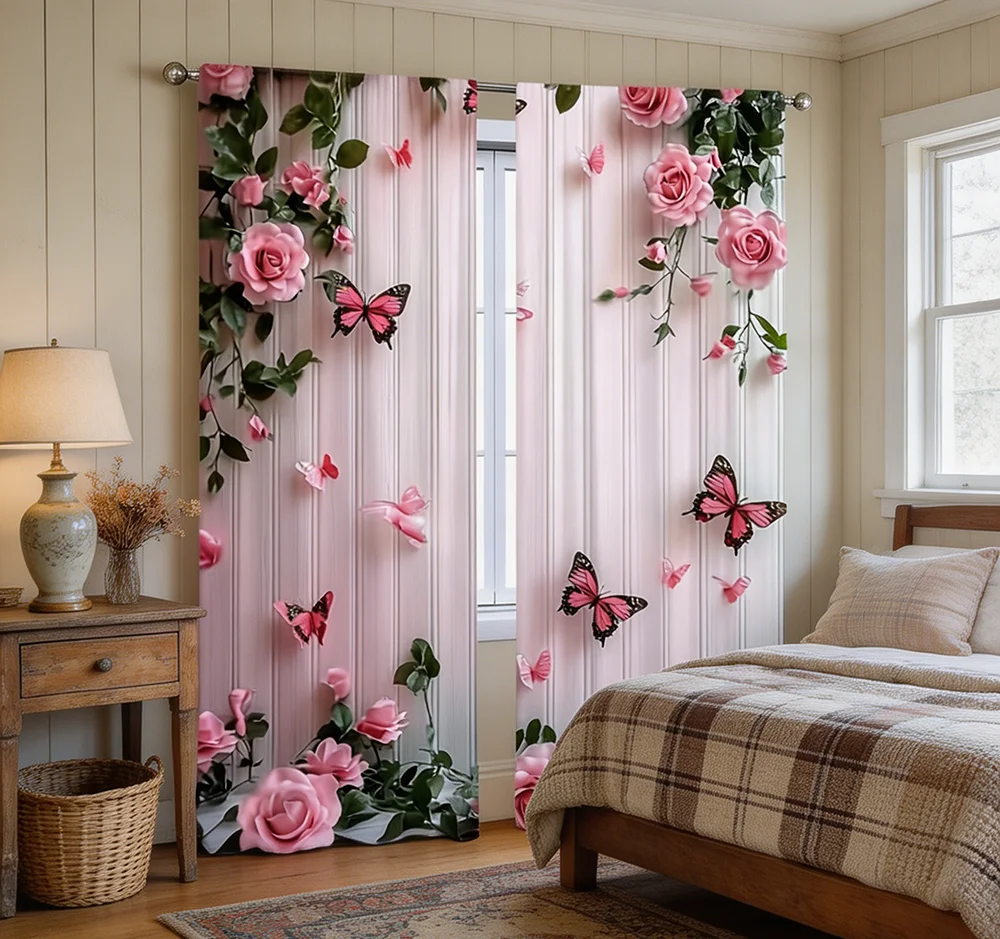2PCS Digital Printed Curtains, Butterfly Pink Rose Romantic Botanical, Rod Pocket Window Drapes for Living Room Bedroom Decor