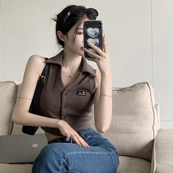 Summer Women Turndown Collar Outside Vest Lady Sexy Club Button Crop Tops Female Korean Spicy Style Party Sleeveless Clothes