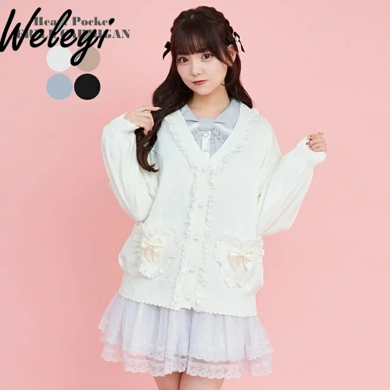 Japanese Sweet Jirai Kei Style Knitted Small Cardigan 2024 Autumn Cute Pink Love Bow Lace Splicing Sweater Cardigan Top Feminino